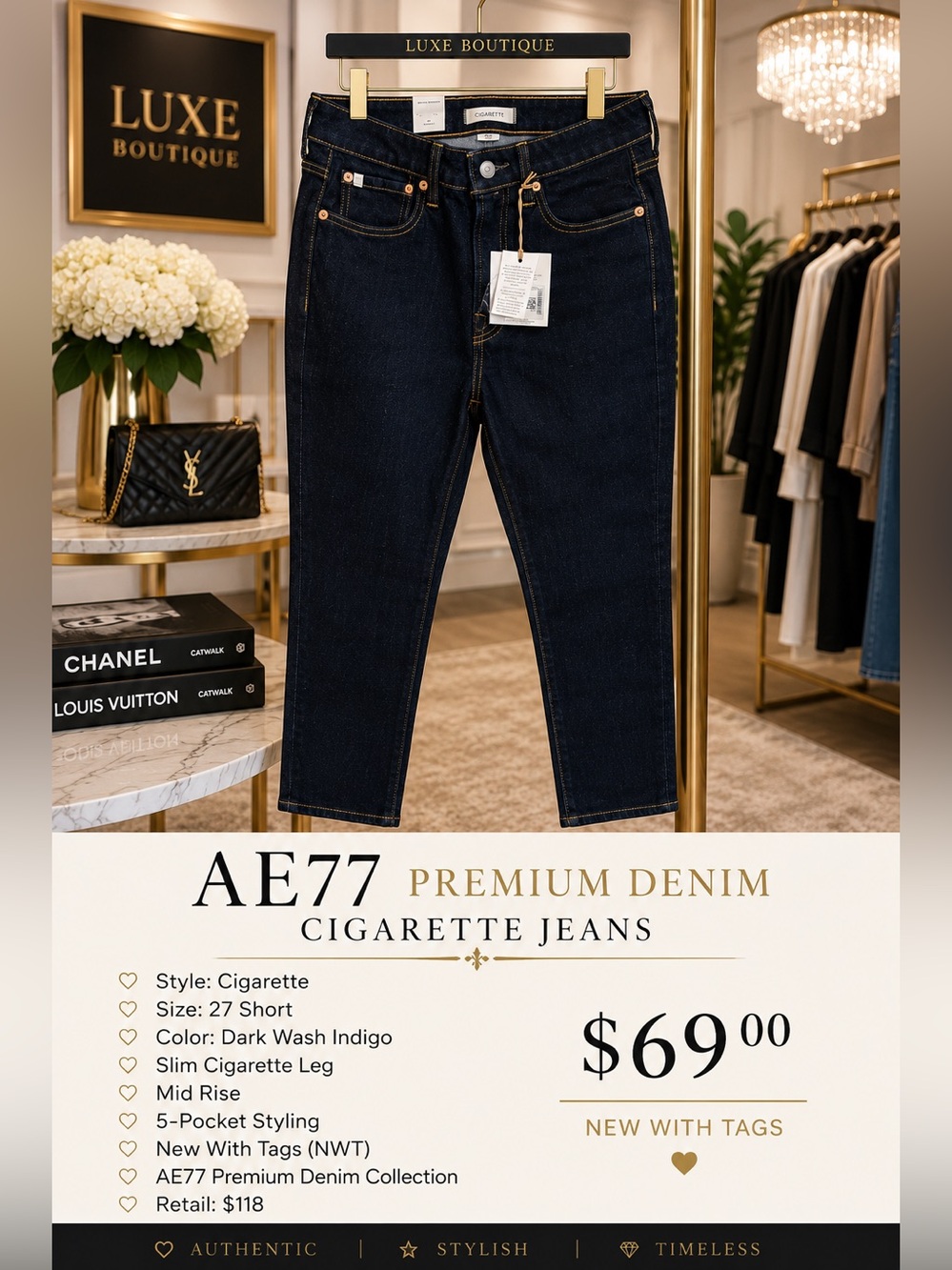 AE77 Premium Denim Cigarette Jeans Women’s 27 Short Dark Indigo NWT $118
